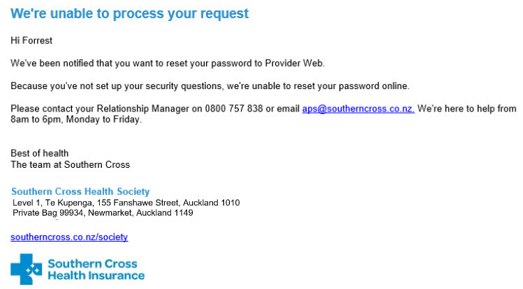 provider-web-updates-2020-unable-to-process A screenshot of an email from Southern Cross Provider Web